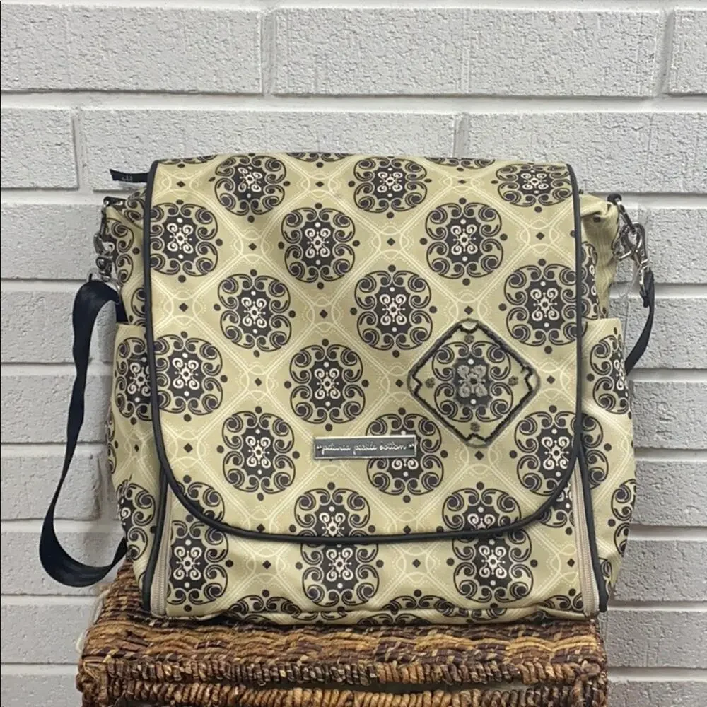 Petunia Pickle Bottom Tan & Black  Print Front Flap Diaper Bag